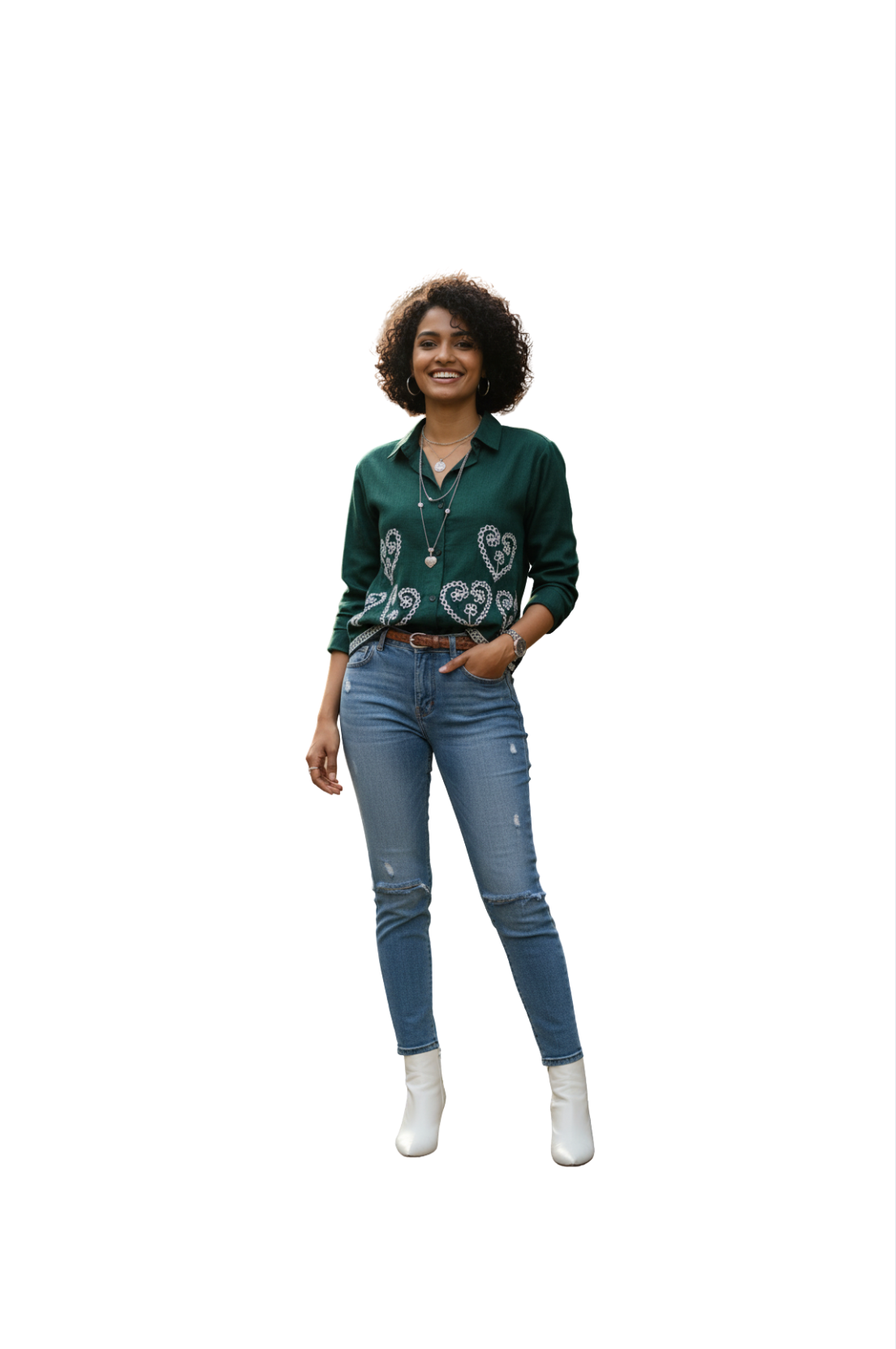 woman wearing forest green shirt with white heart and floral embroidery from Hava Fashions