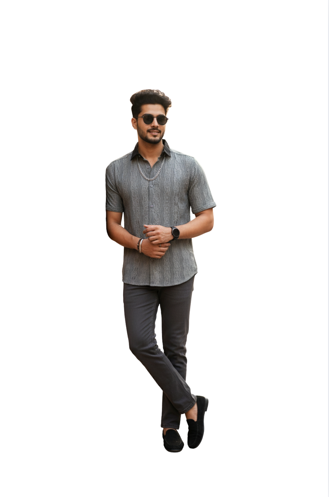 man wearing grey knitted shirt with black collar from Hava Fashions