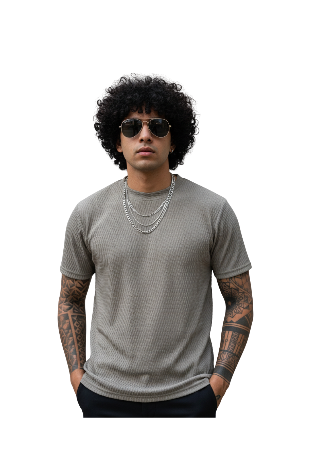 man wearing grey popcorn fabric round neck t-shirt from Hava Fashions