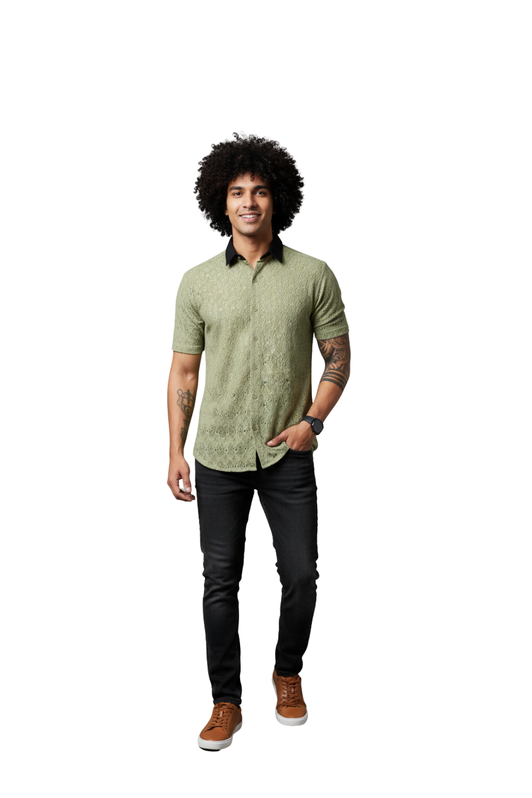 man wearing light olive kiwi crochet short sleeve shirt from Hava Fashions