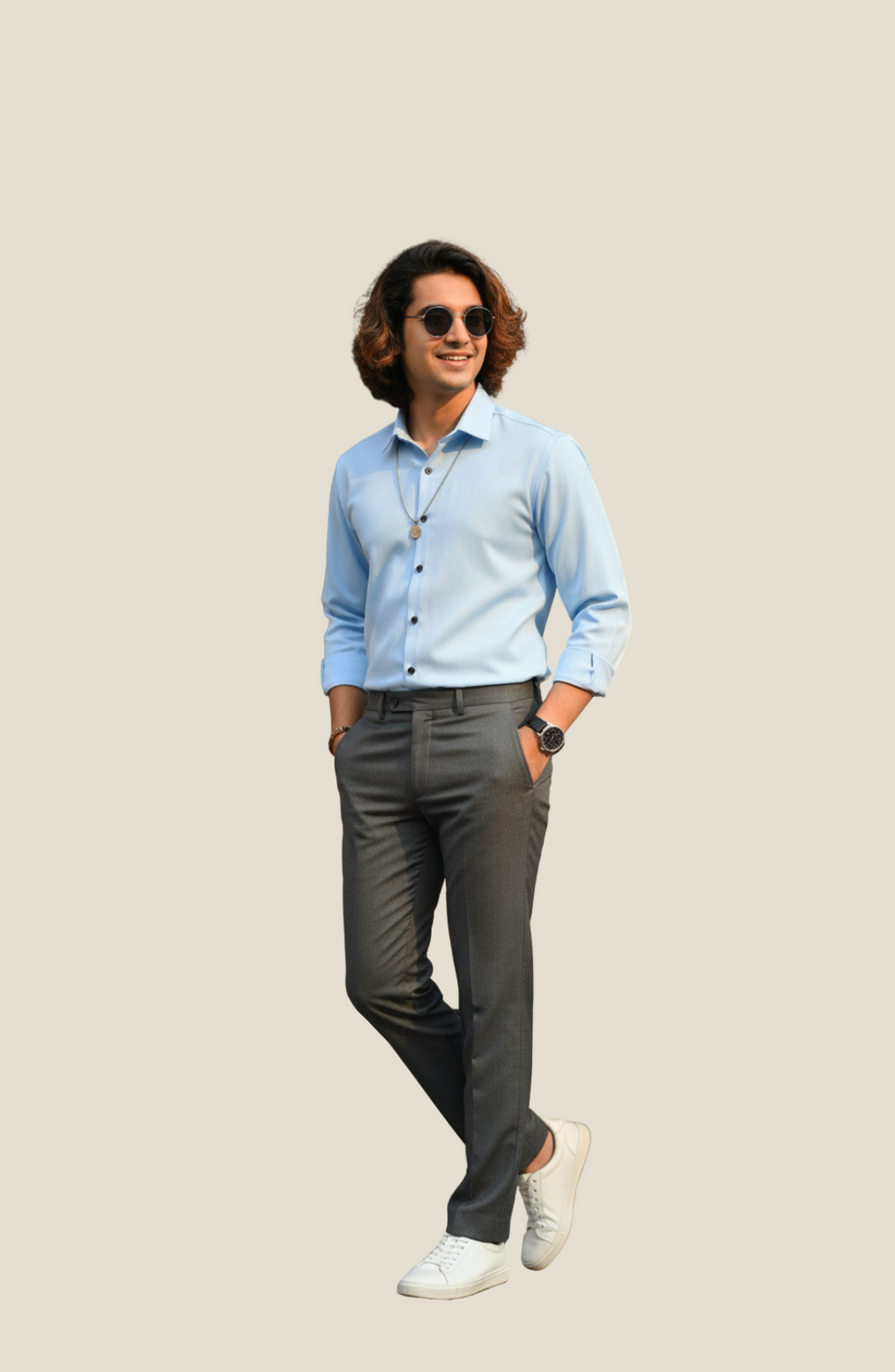 man wearing light blue poplin shirt from Hava Fashions