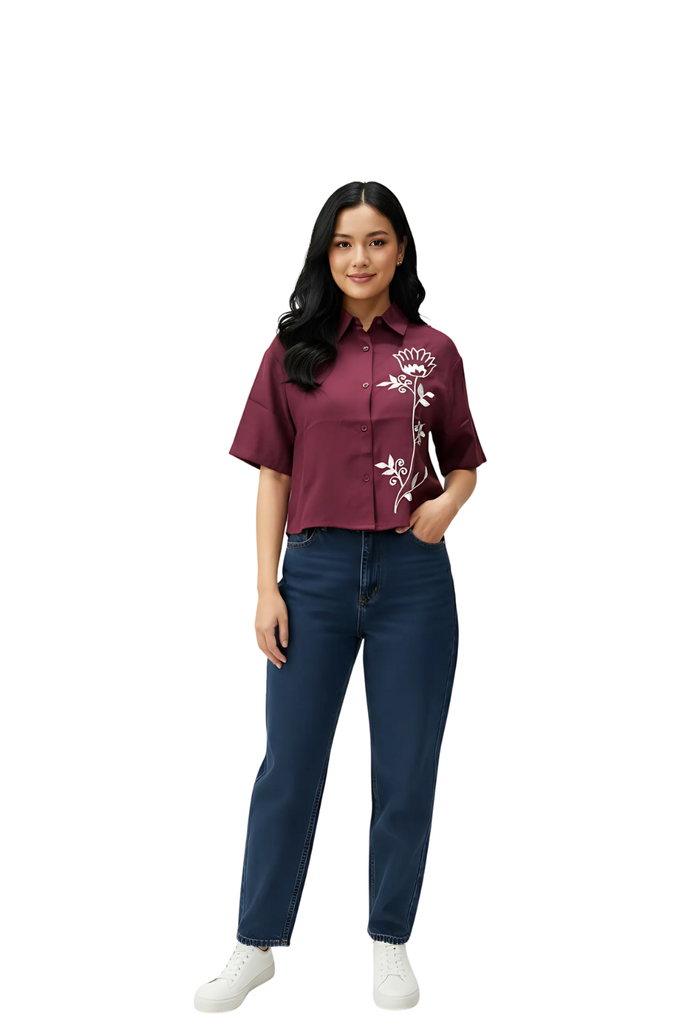 woman wearing maroon embroidered top with white floral design and collared neckline from Hava Fashions