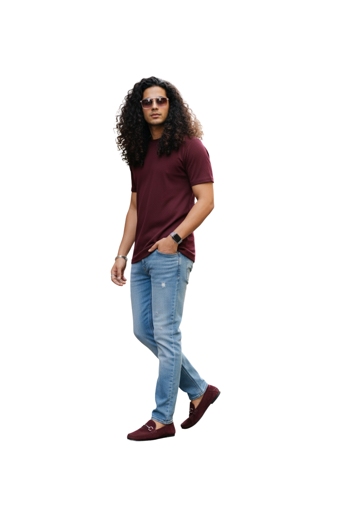 man wearing maroon popcorn textured half sleeve t-shirt from Hava Fashions