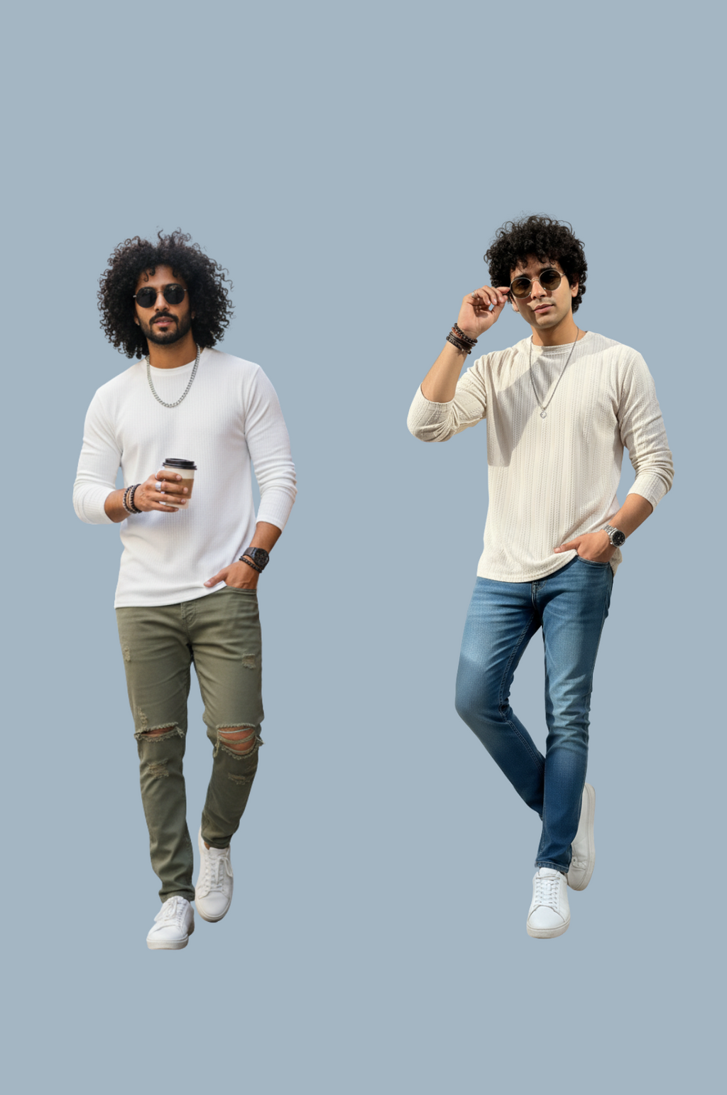 two-pack of men’s full sleeves T-shirts in white and beige from Hava Fashions