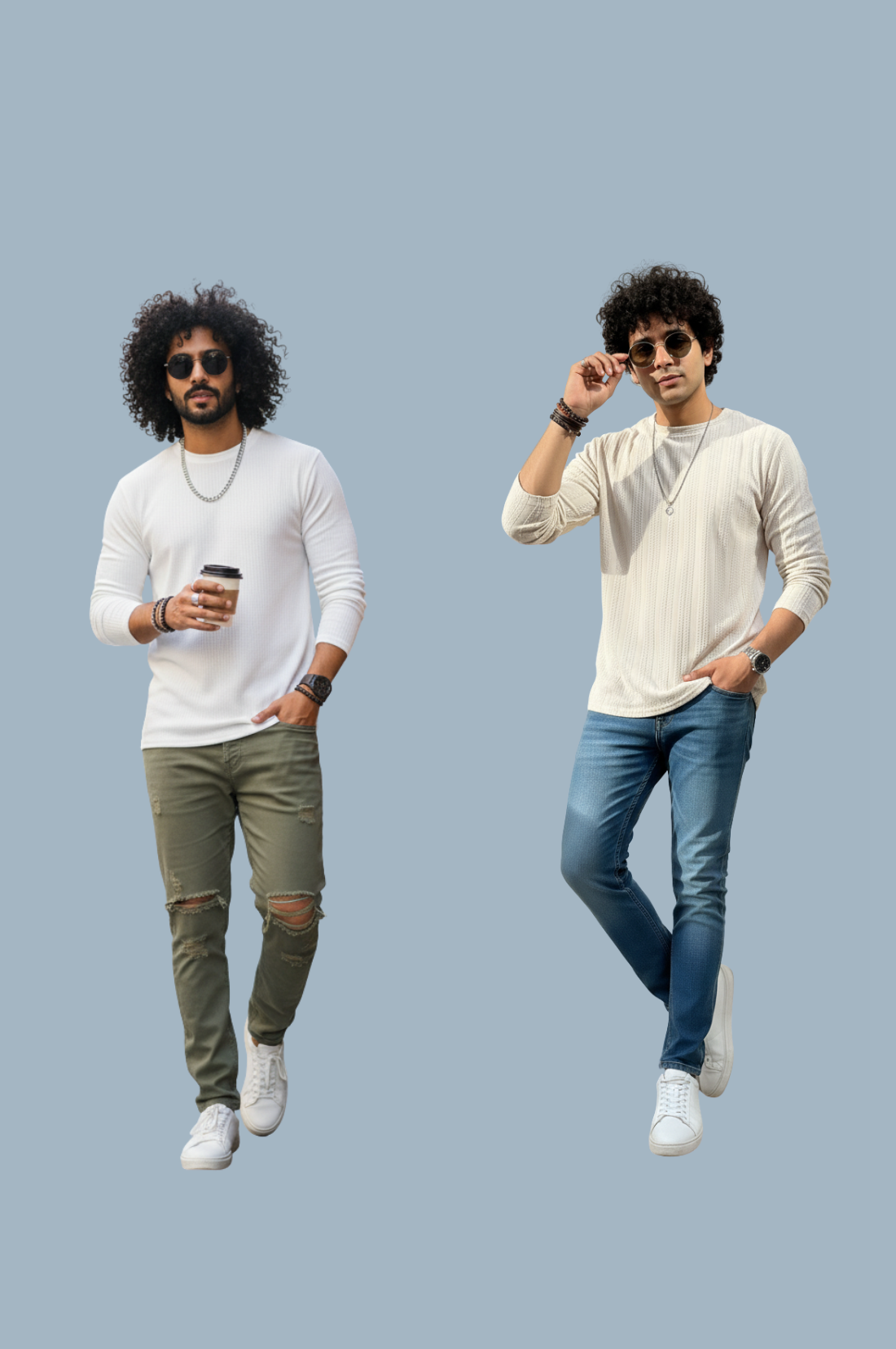 two-pack of men’s full sleeves T-shirts in white and beige from Hava Fashions