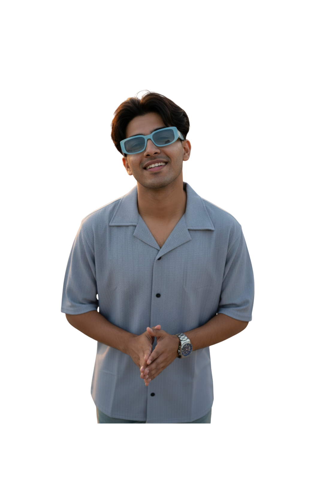 man wearing grey textured short sleeve shirt from Hava Fashions
