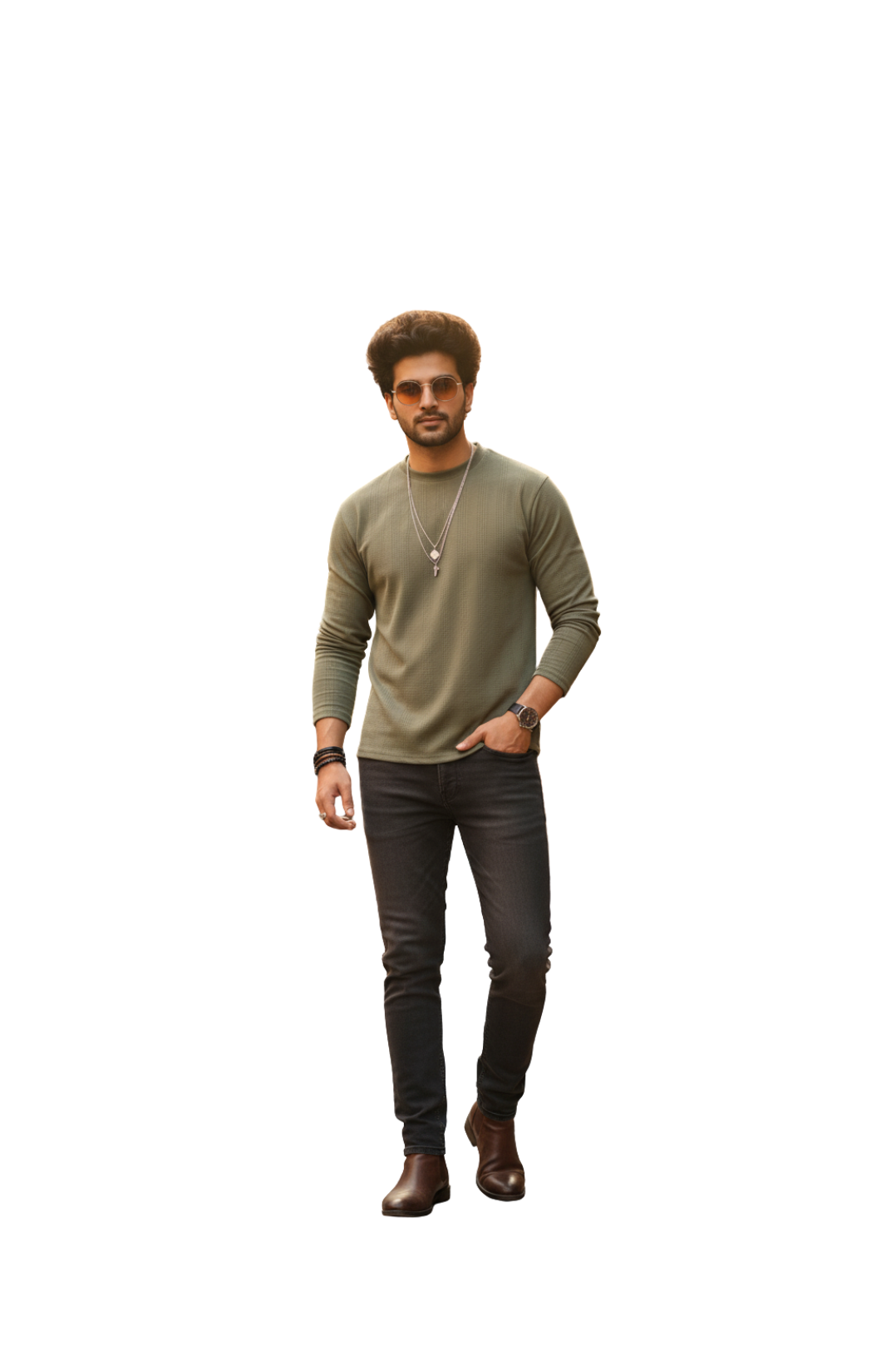 man wearing olive green round neck full sleeve T-shirt from Hava Fashions