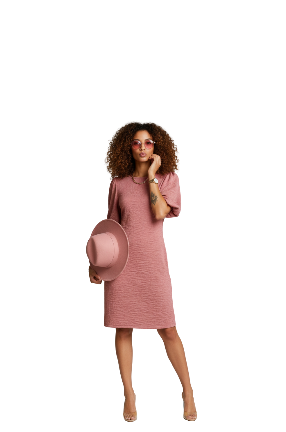 woman wearing dusty rose pink puff sleeve ribbed midi dress from Hava Fashions
