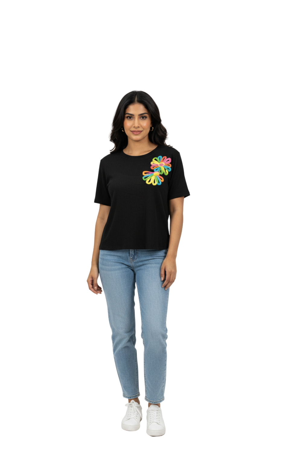 woman wearing black plain top with colorful floral applique from Hava Fashions