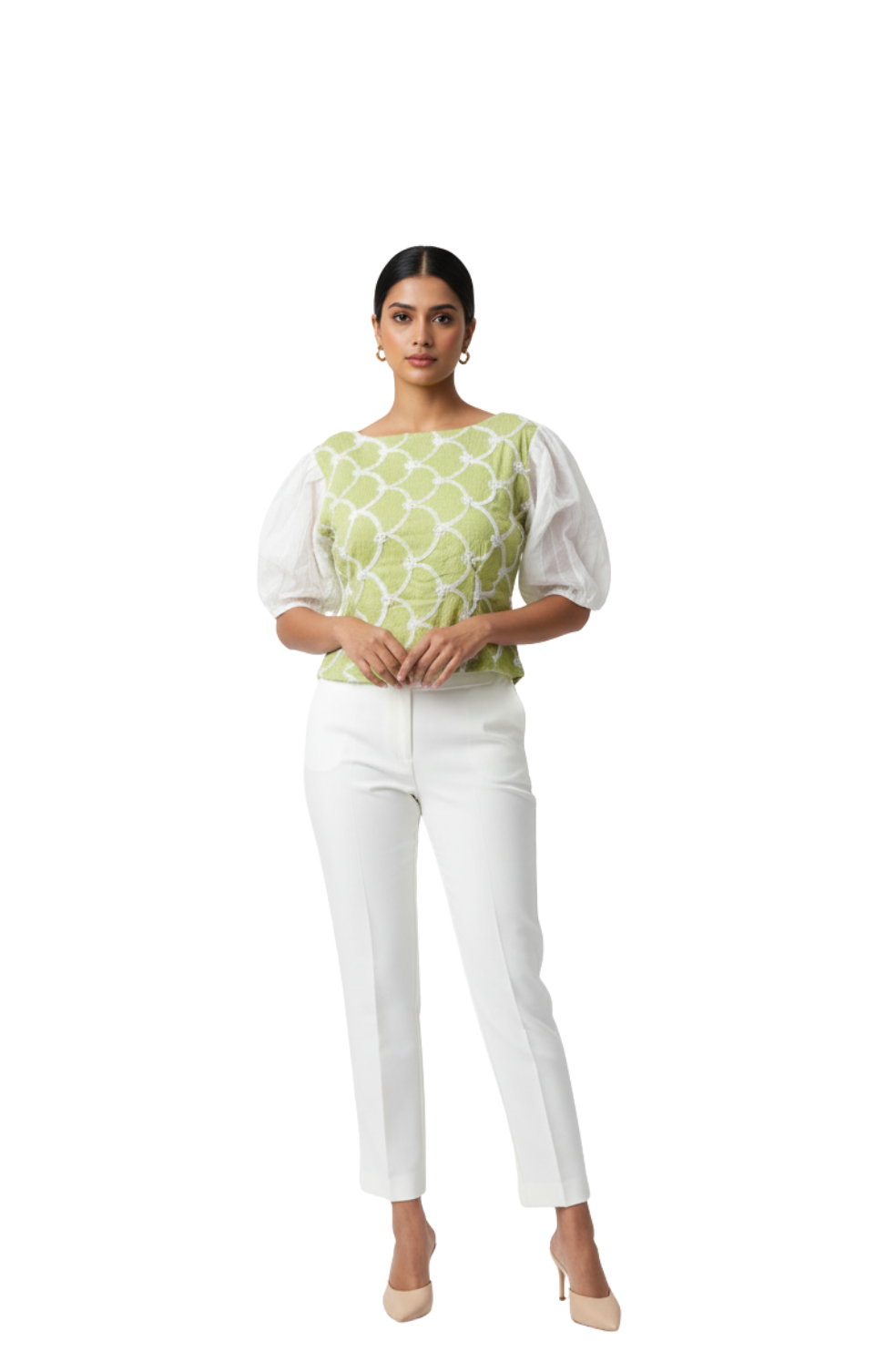 woman wearing white and green puff sleeve embroidered peplum top from Hava Fashions