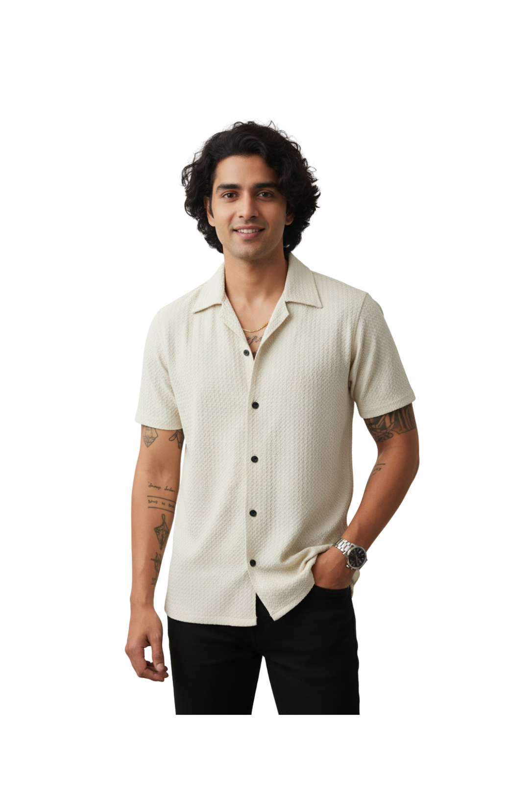 man wearing textured beige shirt with black buttons from Hava Fashions