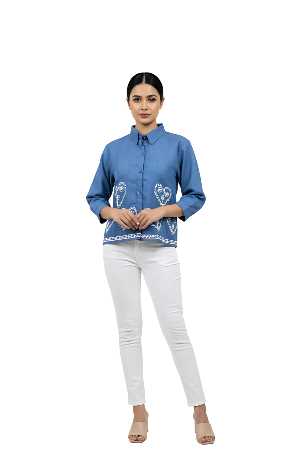 woman wearing white embroidered blue cotton shirt from Hava Fashions