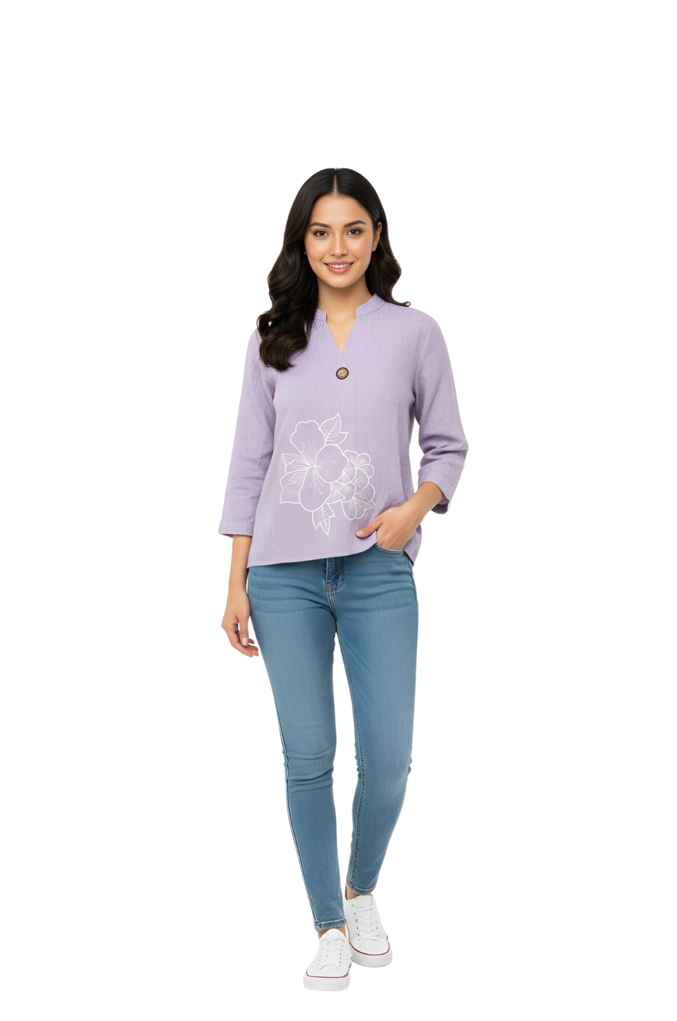 woman wearing white cotton embroidered purple shirt from Hava Fashions