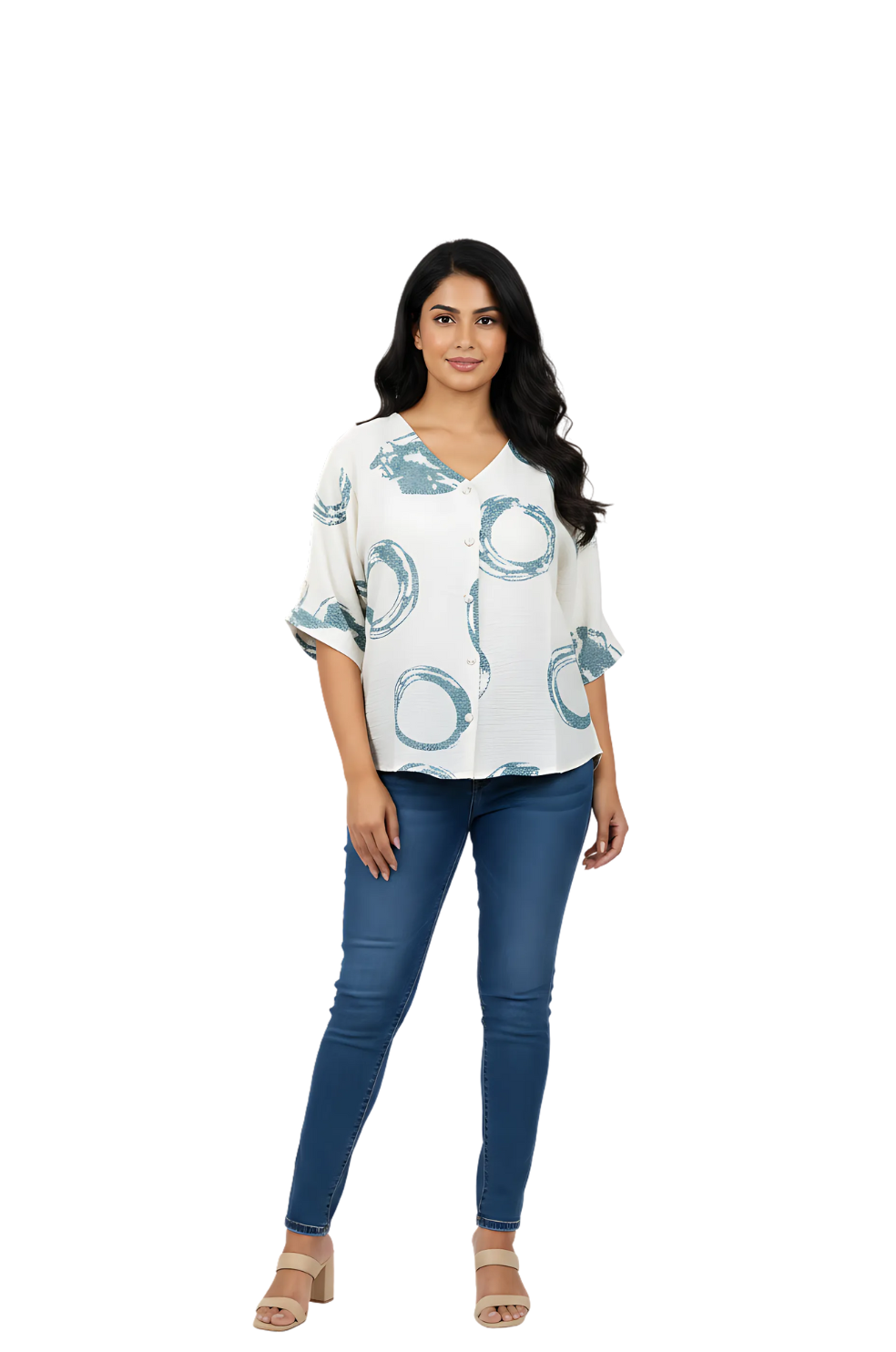 woman wearing white printed top with teal circle pattern from Hava Fashions