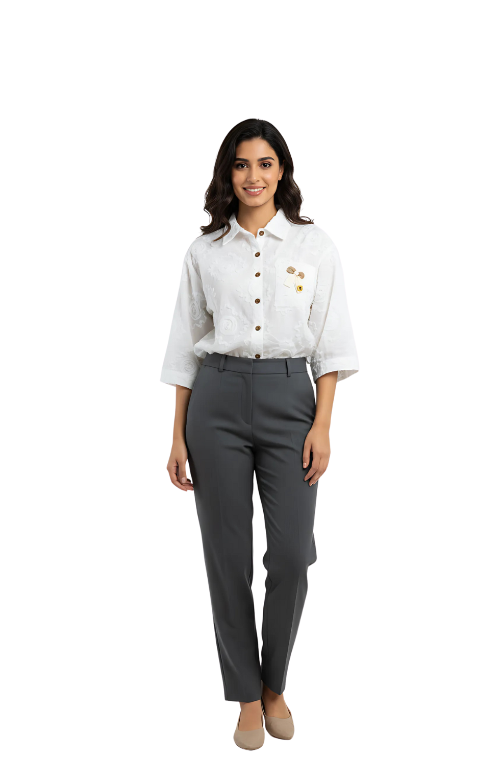 Woman wearing a white shirt with buttons and gray pants on a white background