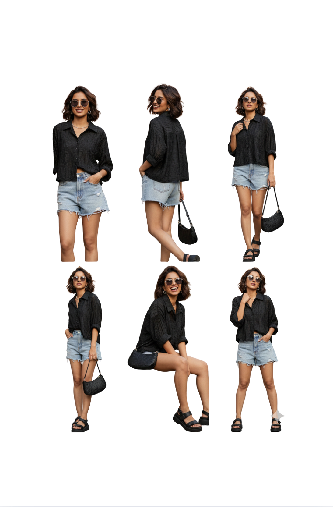 Collage of a woman in various poses wearing a black shirt and denim shorts with a handbag.
