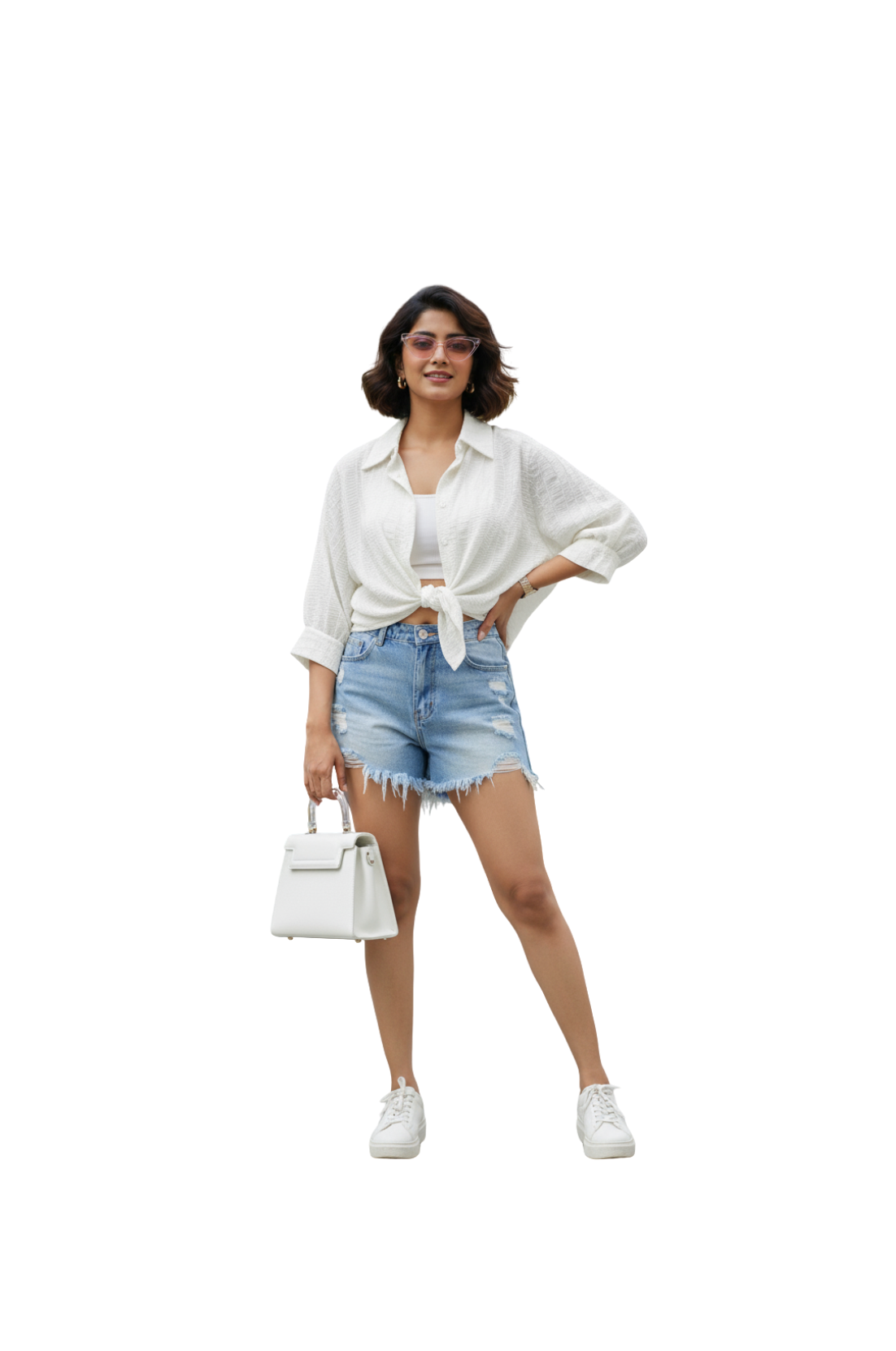Woman wearing a white shirt and denim shorts, holding a white handbag on a white background