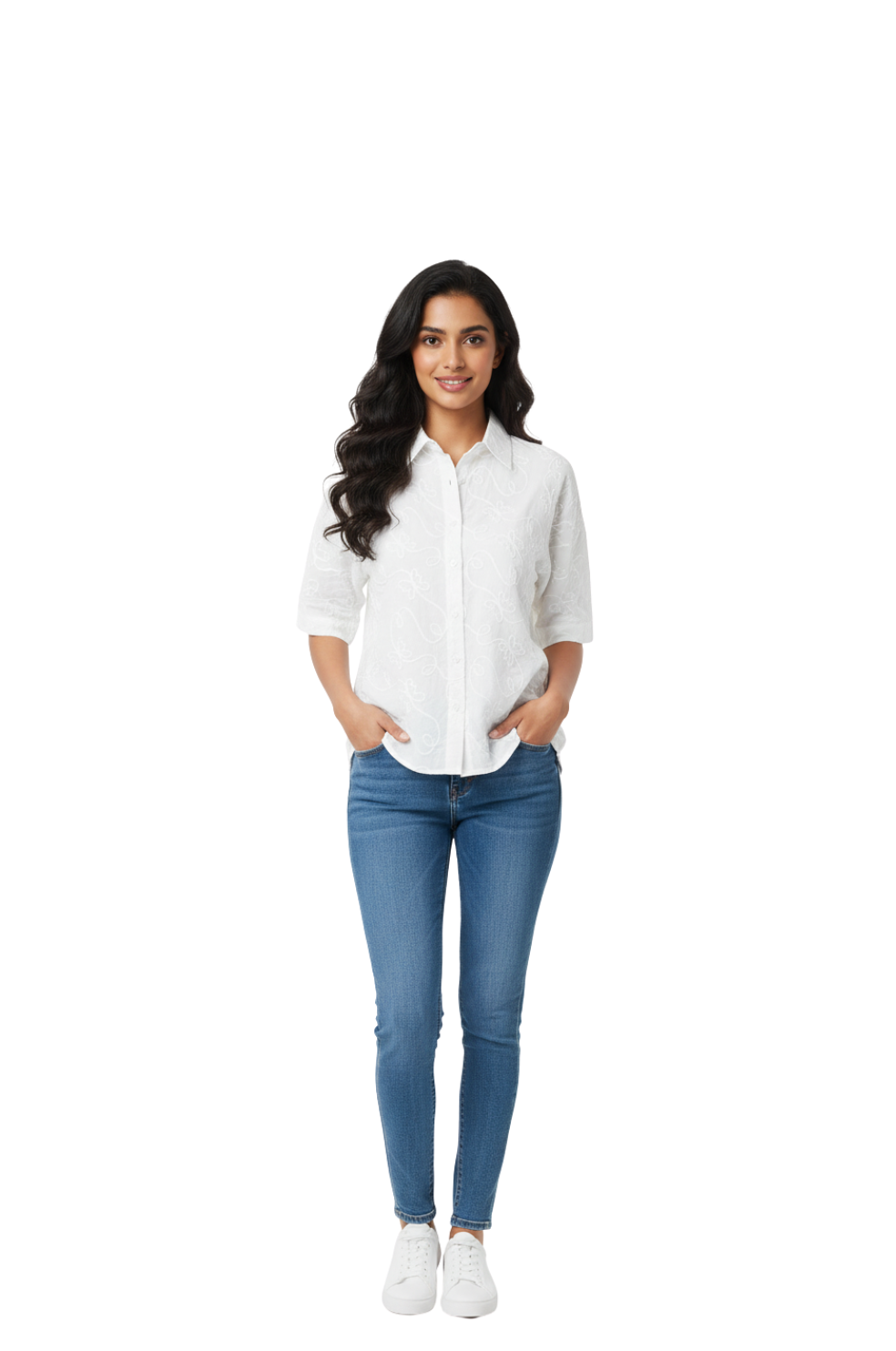 Woman wearing a white shirt and blue jeans on a white background